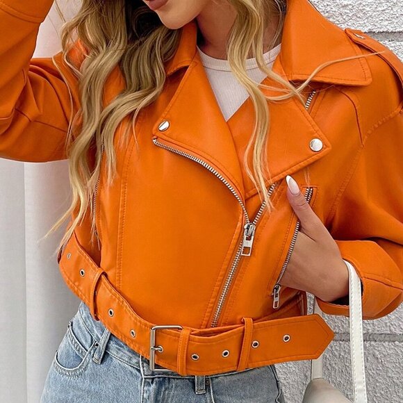 Orange Casual Women's Minimalist Zip Up faux leather Cropped Jacket - Picture 5 of 6